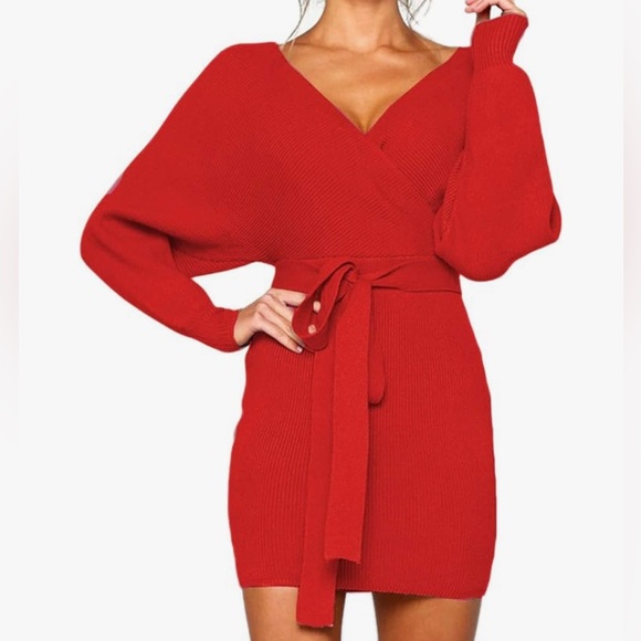 Red V-Neck Sweater Dress - Picture 1 of 7